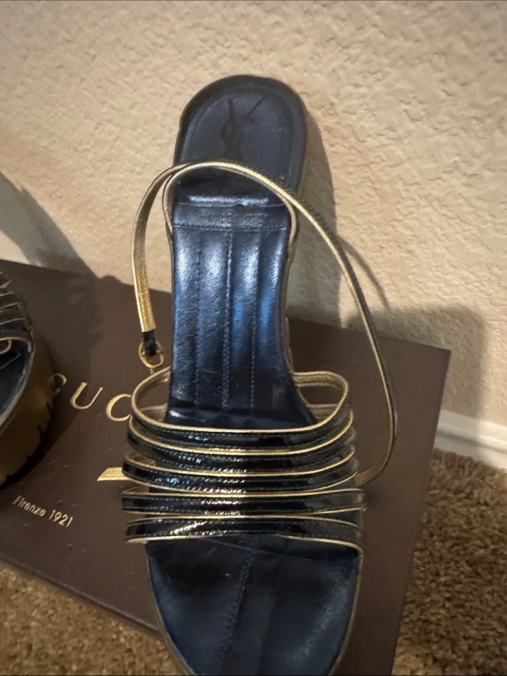 Yves Saint Laurent Olive Green Platform Sandals with Black Straps